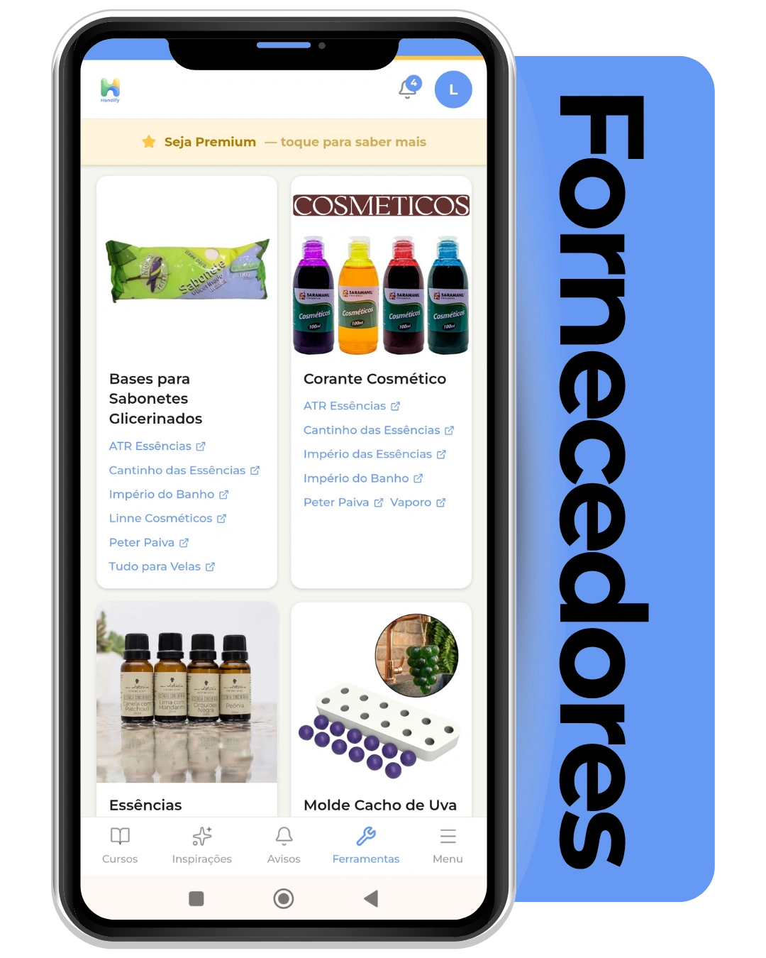 Mockup da lista de fornecedores da Handify